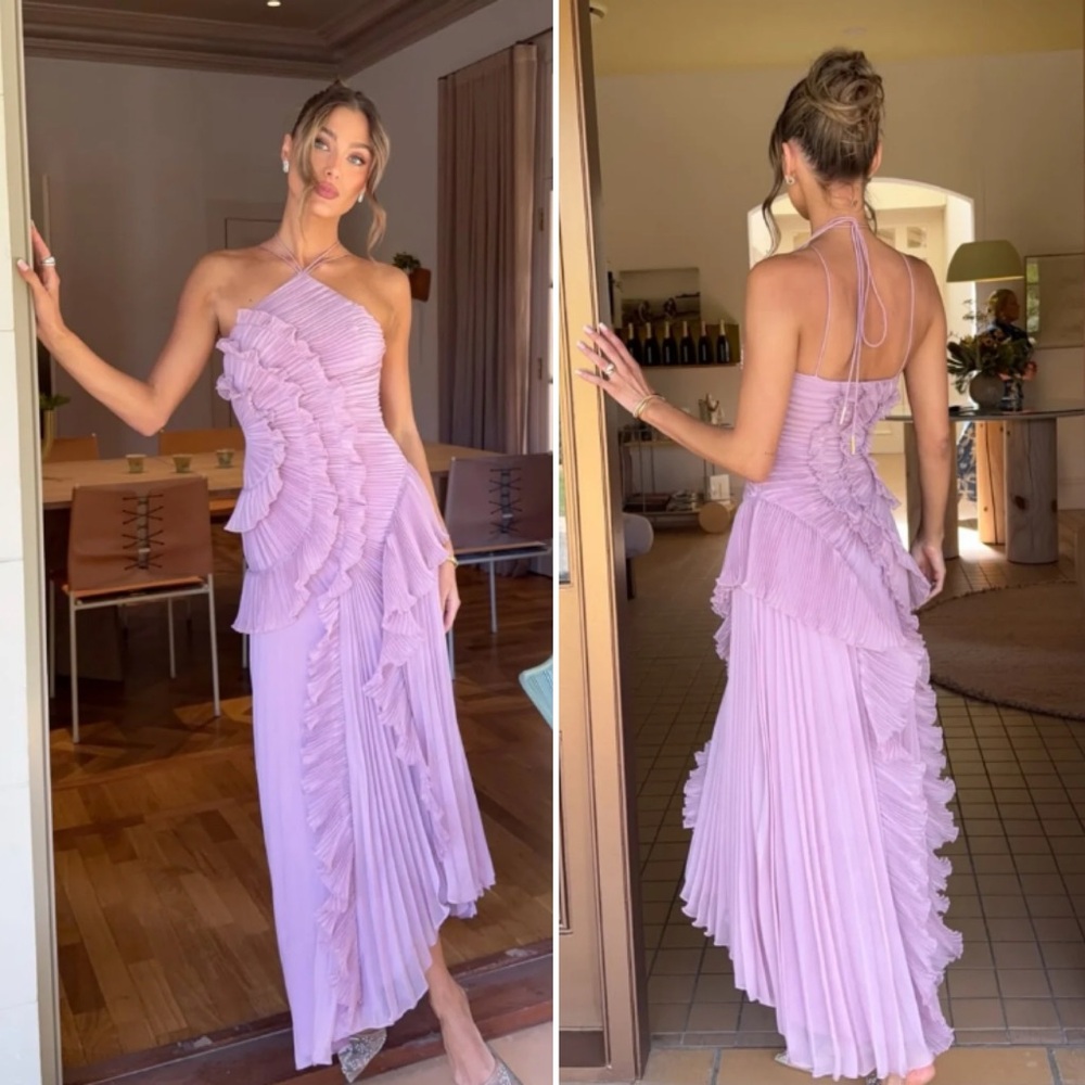 AMUR Lorelie Halter Pleated Rosette Side Gown in Water Hyacinth Viral size 8 US - Picture 5 of 14